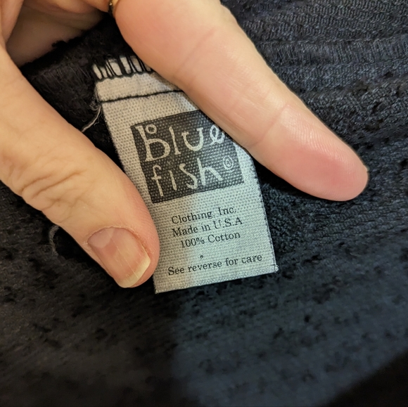 Vtg Blue Fish Black Cotton Chenille Dot Lagenlook Duster Art Patch Longline Coat - Picture 15 of 16